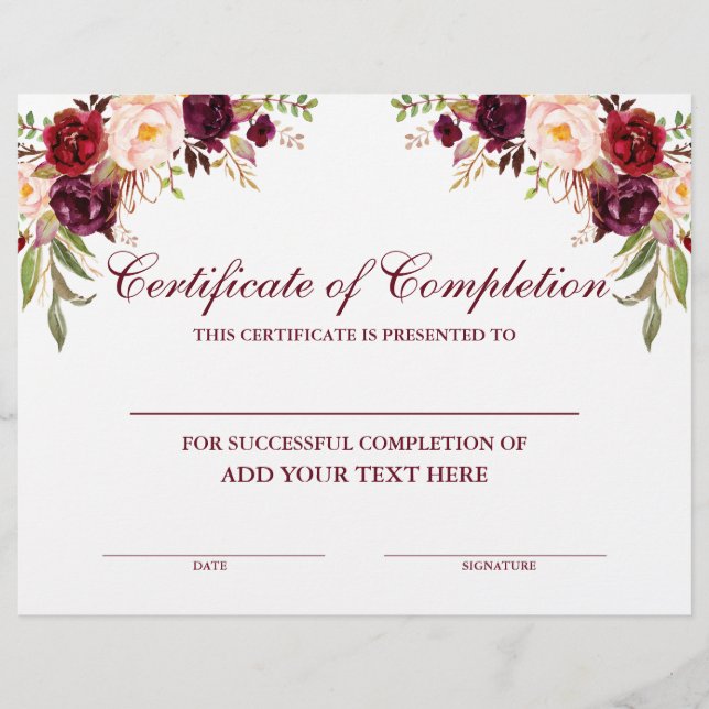 Certificate of Completion Burgundy Floral (Front)