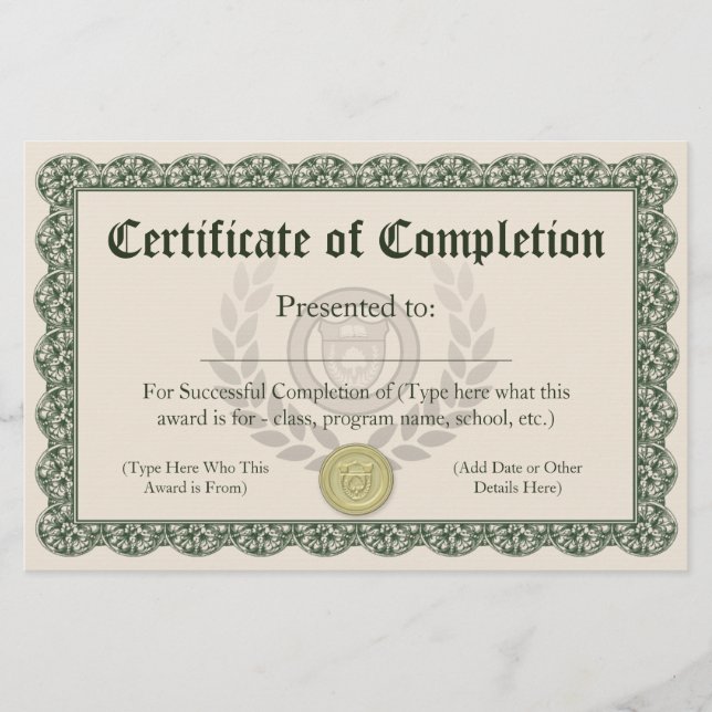 Certificate of Completion, Customizable (Front)