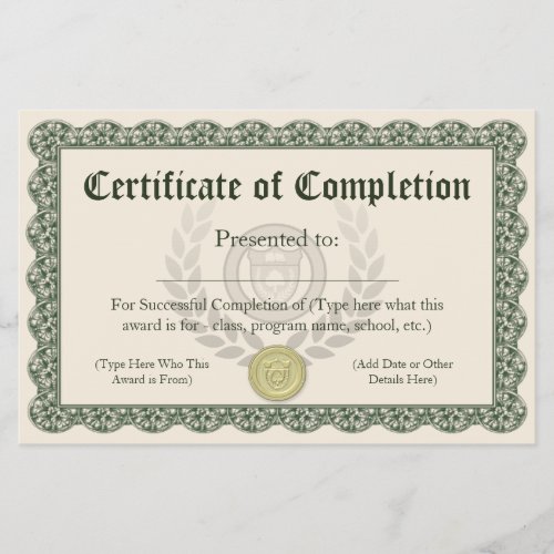 Certificate of Completion Customizable