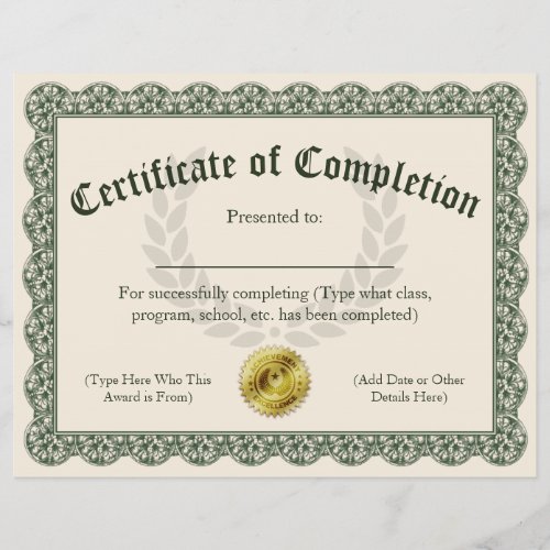 Certificate of Completion Customizable 85x11