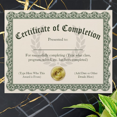 Certificate of Completion Customizable 85x11