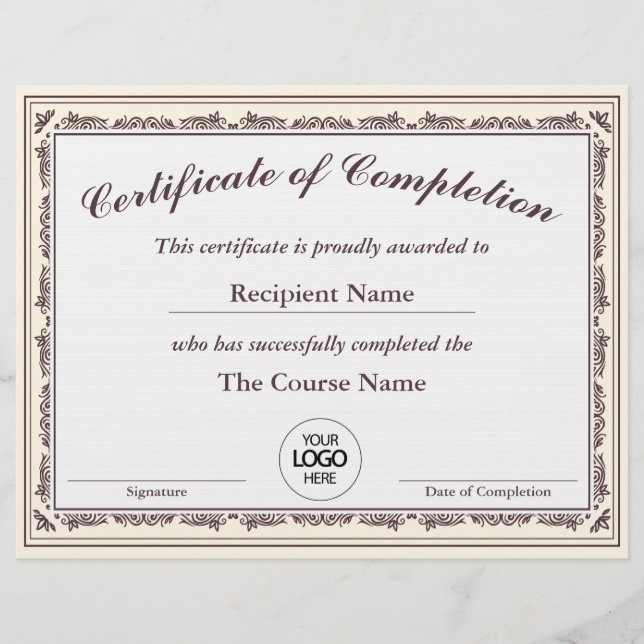 Certificate of Completion Customizable Award (Front)