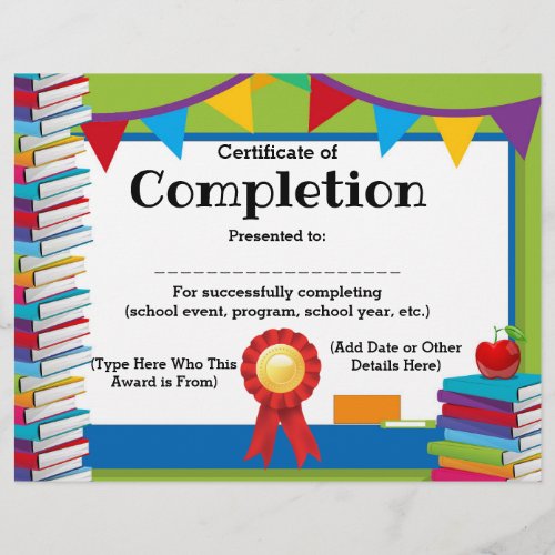 Certificate of Completion Customizable Kids 85x11
