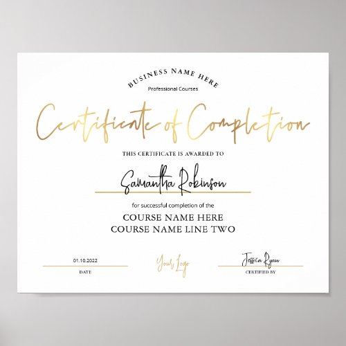Certificate of Completion Faux Gold Downloadable Poster