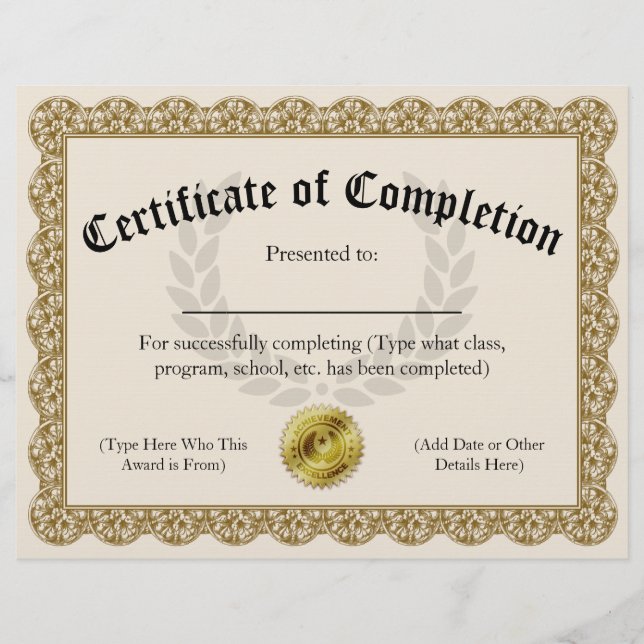 Certificate of Completion Gold Customizable 8.5x11 (Front)