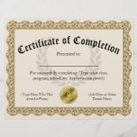 Certificate of Completion Gold Customizable 8.5x11