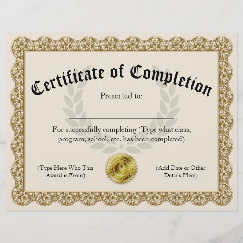 Certificate of Completion Gold Customizable 85x11