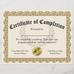 Certificate of Completion Gold Customizable 8.5x11