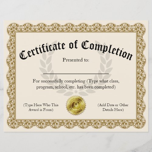 Certificate of Completion Gold Customizable 85x11