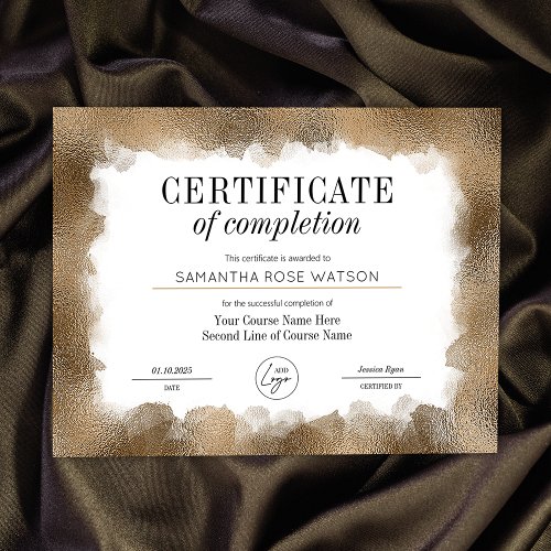Certificate of Completion Gold Glitter Salon Award