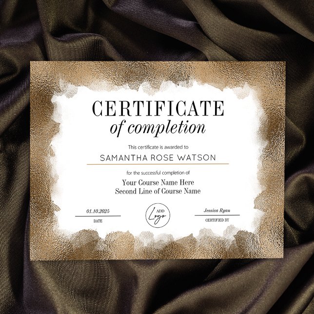Certificate of Completion Gold Glitter Salon Award (Elegant gold glitter effect Certificate of Completion professional course award)