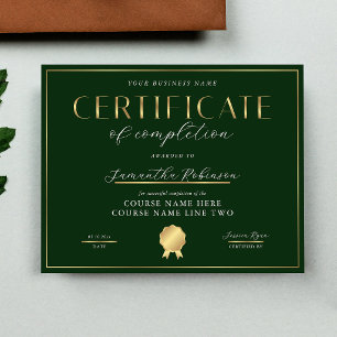 Certificate of Completion Green & Gold Badge Award