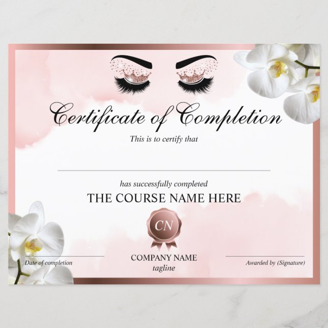 Certificate of Completion Lashes Course Completion (Front)