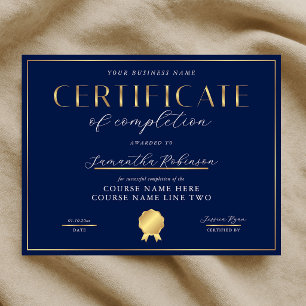 Certificate of Completion Navy & Gold Badge Award