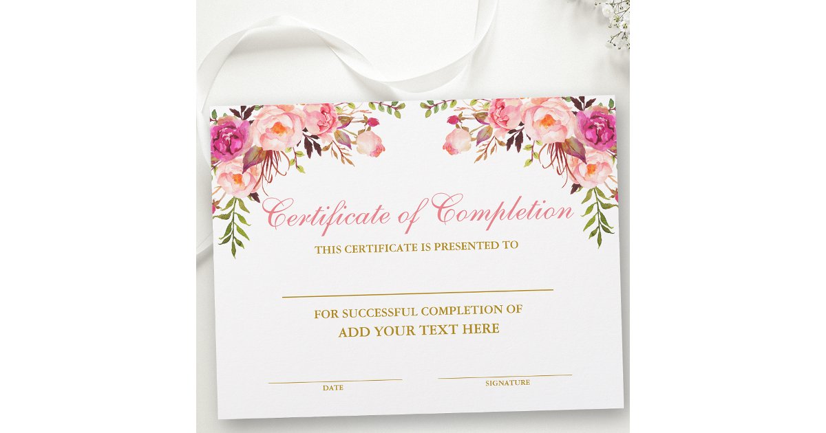 Certificate of Completion Pink Floral Gold | Zazzle