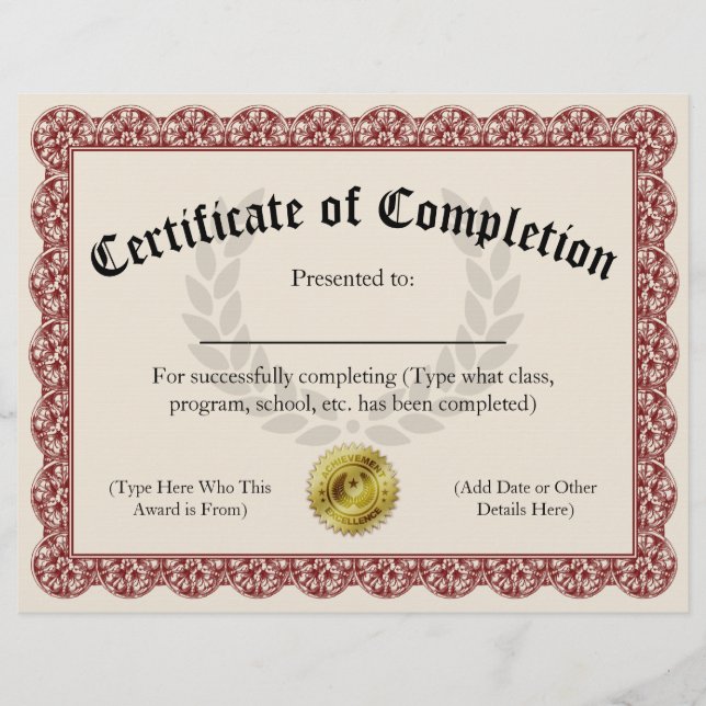 Certificate of Completion Red Customizable 8.5x11 (Front)