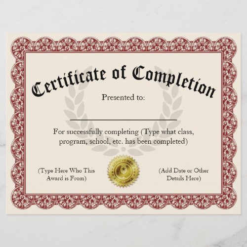Certificate of Completion Red Customizable 85x11