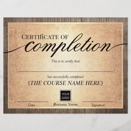 Certificate of Completion Vintage Gold Wood Award