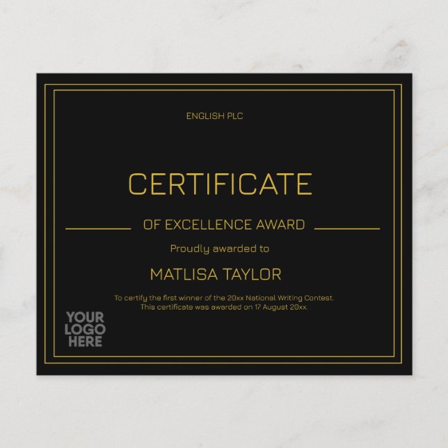 Certificate of Excellence Award Add Logo  (Front)