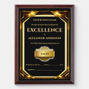 Certificate of Excellence black gold editable work Award Plaque