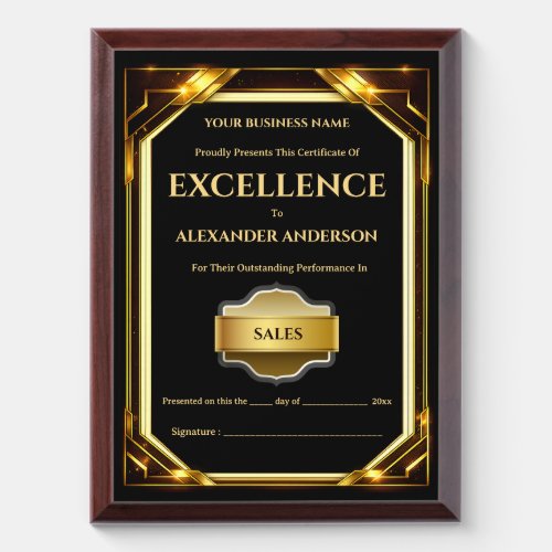Certificate of Excellence black gold editable work Award Plaque