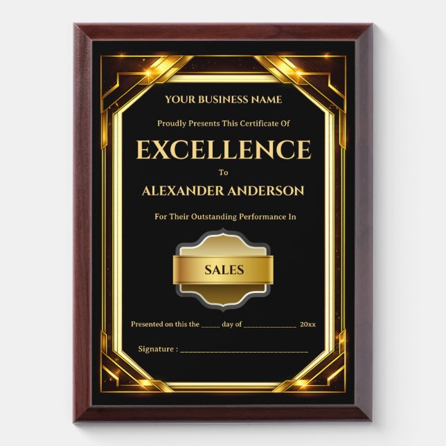 Certificate of Excellence black gold editable work Award Plaque (Vertical)