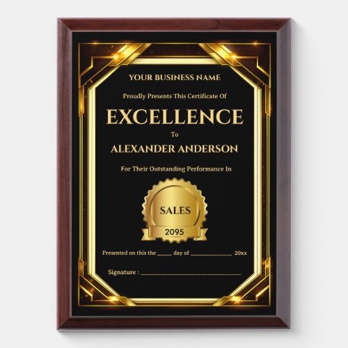 Certificate of Excellence black gold star business Award Plaque