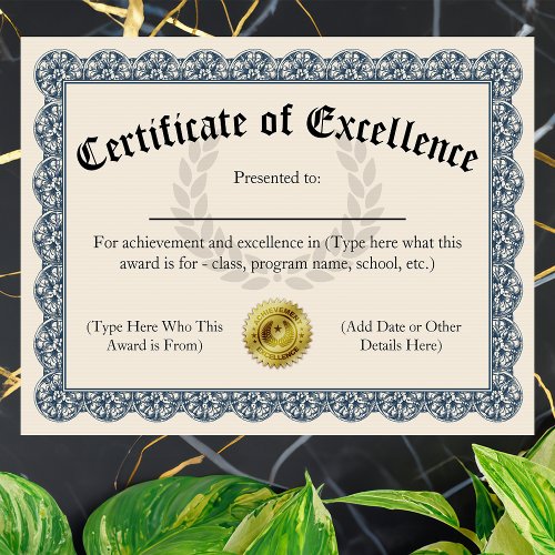 Certificate of Excellence Blue Customizable 85x11