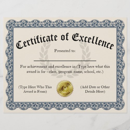 Certificate of Excellence Blue Customizable 85x11