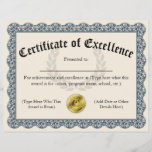 Certificate of Excellence Blue Customizable 8.5x11