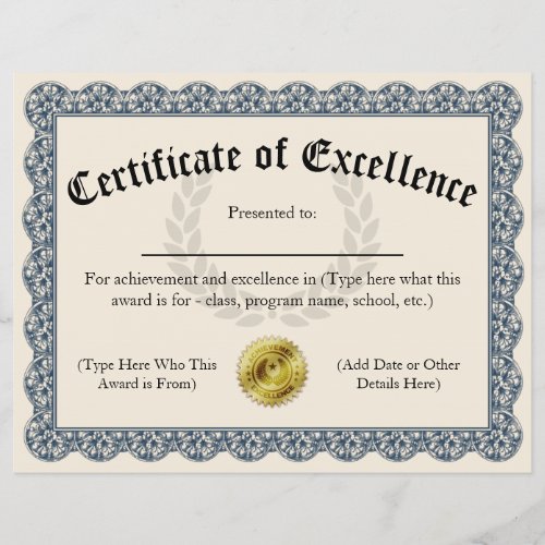 Certificate of Excellence Blue Customizable 85x11