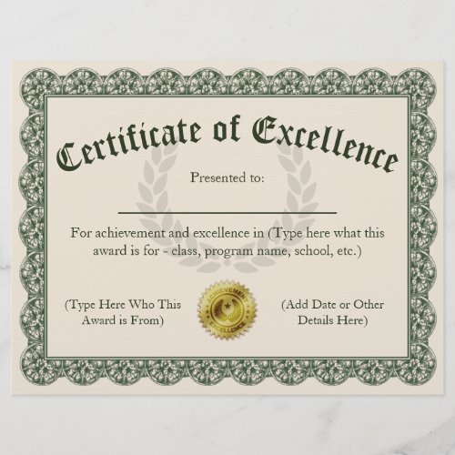 Certificate of Excellence Customizable 85x11