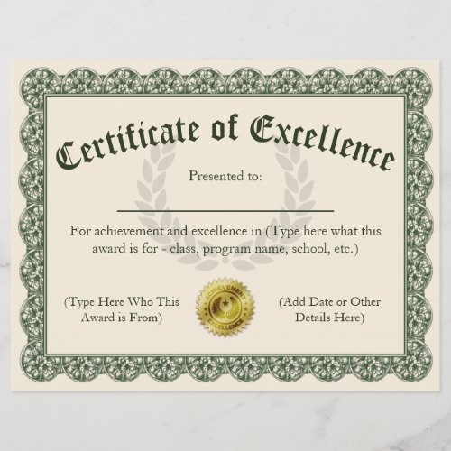 Certificate of Excellence Customizable 85x11