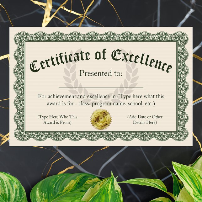 Certificate of Excellence, Customizable Award (customizable certificate of excellence)