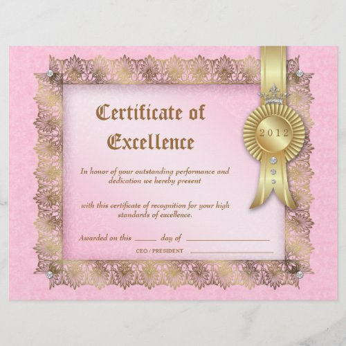 Certificate of Excellence Diploma Gold Pink Crown