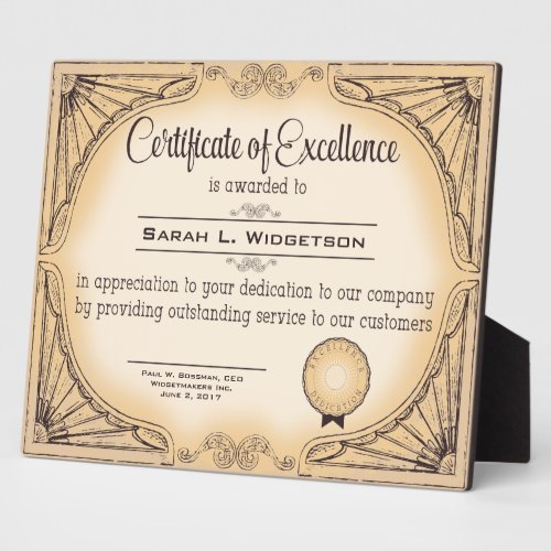 certificate of excellence employee recognition plaque