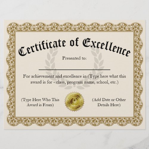 Certificate of Excellence Gold Customizable 85x11