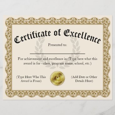 Certificate of Excellence Gold Customizable 8.5x11