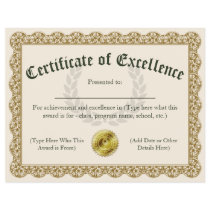 Certificate of Excellence Gold Customizable 8.5x11 Certificate of Excellence Gold Customizable 8.5x11