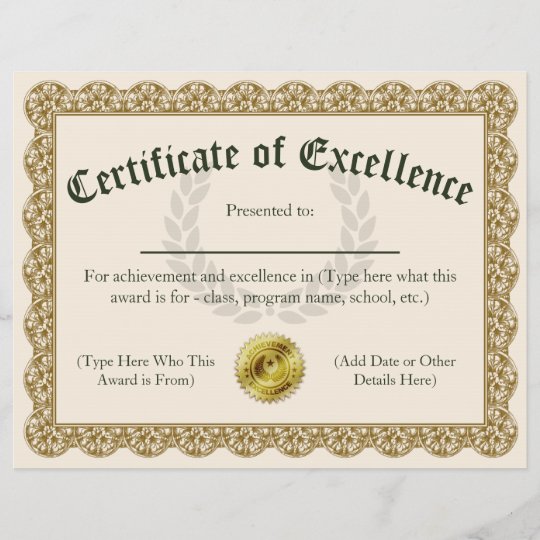 Certificate of Excellence Gold Customizable 8.5x11 | Zazzle.com