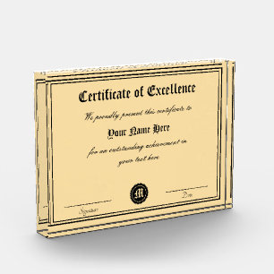 Certificate of excellence personal achievement acrylic award