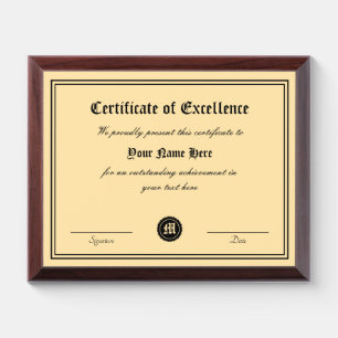 Certificate of excellence personalized distinction award plaque