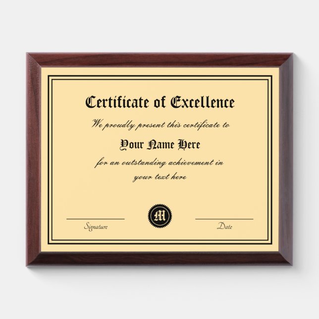 Certificate of excellence personalized distinction award plaque (Horizontal)