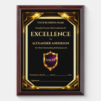 Certificate of Excellence purple gold editable Award Plaque
