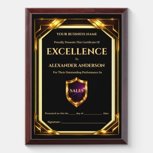 Certificate of Excellence purple gold editable Award Plaque