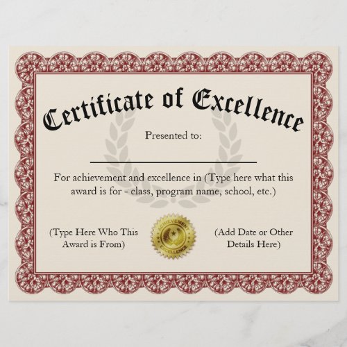 Certificate of Excellence Red Customizable 85x11