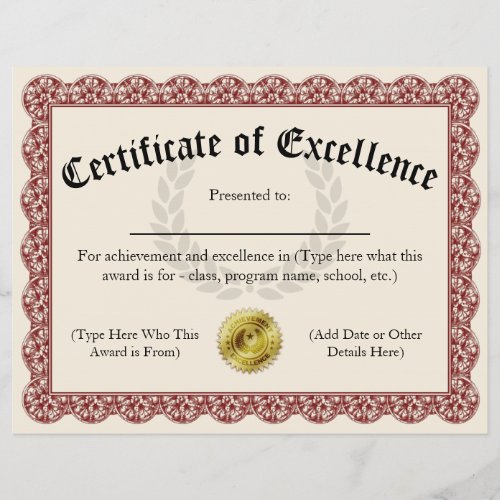 Certificate of Excellence Red Customizable 85x11