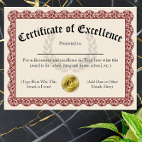 Certificate of Excellence Red Customizable 8.5x11