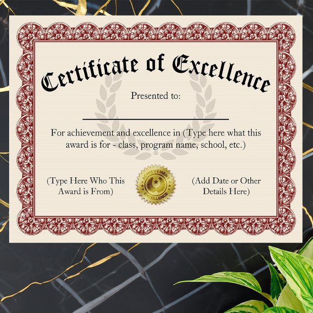 Certificate of Excellence Red Customizable 8.5x11 (certificate of excellence)