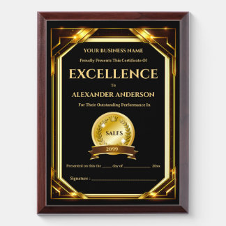 Certificate of Excellence SALES gold editable work Award Plaque